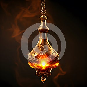 golden-hued hanging oil lamp with a clipping path