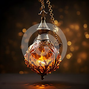 golden-hued hanging oil lamp with a clipping path