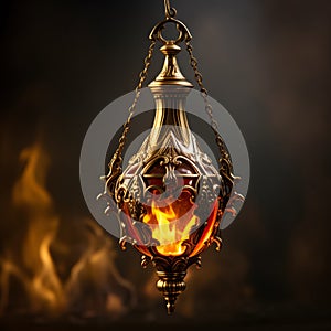 golden-hued hanging oil lamp with a clipping path