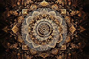 Golden hued kaleidoscope mandalas with intricate details and ornate patterns
