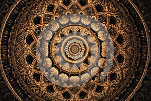 Golden hued kaleidoscope mandalas with intricate details and ornate patterns