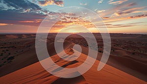 Golden hued panoramic banner of captivating sahara desert at sunset with undulating sand dunes.