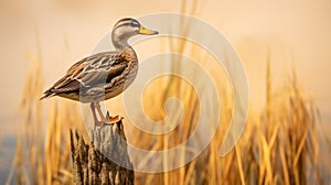 Golden Hues: Capturing The Symbolism Of A Mallard Duck On A Log photo