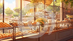Golden Hues: Tranquil Anime Coffee Shop And Bakery
