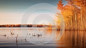 Golden Hues: Tranquil Shore With Yellow Trees And Calm Waters