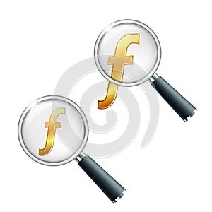 Golden Hungarian Forint currency symbol with magnifying glass.