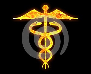 Golden icon of the caduceus pharmacy medical symbol isolated on a black background