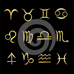 Golden icon zodiac signs. Horoscope. Aries, Taurus, Gemini, Cancer, Leo, Virgo, Libra, Scorpio, Sagittarius, Capricorn