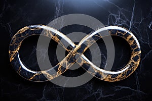 a golden infinity symbol on a black marble background