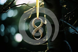 a golden infinity symbol hanging from a tree