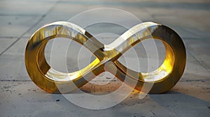 Golden infinity symbol on sidewalk outdoors. AI Generated