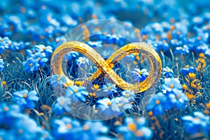 Golden infinity symbol sign with blue wild flowers on spring meadow