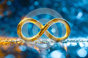 Golden infinity symbol sign on glowing blue space background with bokeh