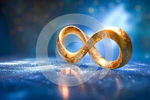 Golden infinity symbol sign on glowing blue space background with copy space