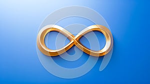 Golden infinity symbol sign on glowing bright blue background