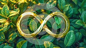 Golden infinity symbol sign on nature background with green leaves
