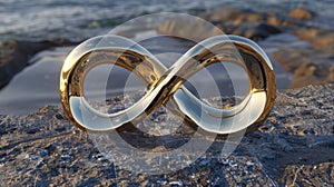 Golden infinity symbol on stone. Eternity sign outdoors. AI Generated