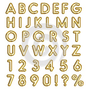 Golden inflatable balloons letters, numbers, exclamation, interrogative and percent sign