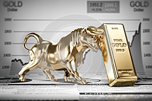 Golden ingot and bull on graph.  Bull market trend in gold