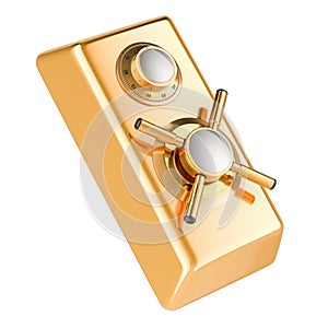 Golden ingot with safe combination lock and metal handle safe. Protection and security, concept. 3D rendering