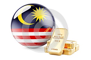 Golden ingots with Malaysian flag. Foreign-exchange reserves of Malaysia concept. 3D rendering