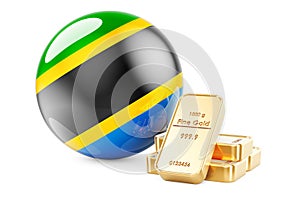 Golden ingots with Tanzanian flag. Foreign-exchange reserves of Tanzania concept. 3D rendering