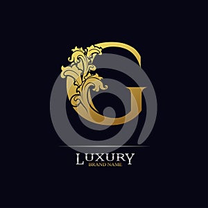 Golden initial letter G with floral leaves. Luxury Natural Logo Icon. Elegant botanic design. Modern alphabet with branch ornament