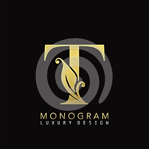 Golden Initial Letter T Luxury logo icon, classy vintage design concept floral leaves for luxuries business, hotel, wedding