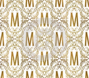 Golden initial seamless pattern with M letter. Heraldic vintage decorative wallpaper, fabric print or wrapping