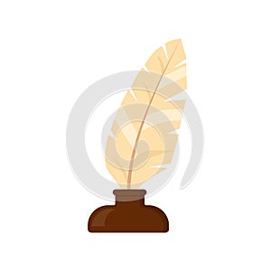 Golden inkwell with white feather, cartoon style icon. Realistic isolated vector illustration. Design for stickers, logo, web and