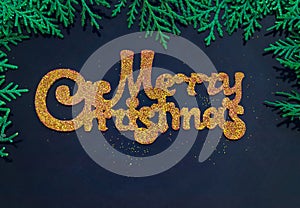 Golden inscription Merry Christmas on a blue background surrounded by branches of pine