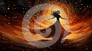 golden inspired dancing woman in the night, sky full of stars