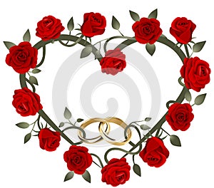 Golden intertwined wedding rings in red roses heart