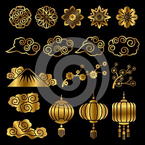 Golden japanese and chinese asian motif vector decor elements
