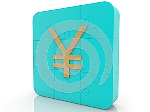 Golden Japanese yen symbol on a blue puzzle