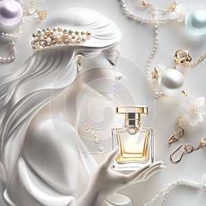 Golden jewellery with pearls, perfume bottle and jasmine flowers