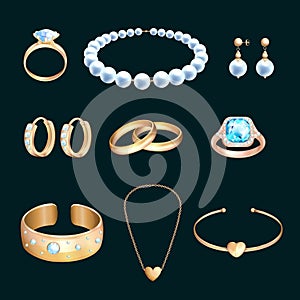Golden jewelry and gems, vector cartoon illustration. Set of diamond necklace, chain and wedding rings