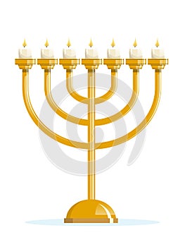 Golden jewish candelabra. Seven branched Menorah. Hanukkah