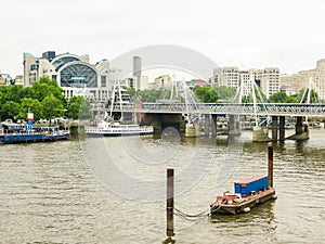 Golden Jubilee Bridge through the Thames and area of the Charing Cross Station