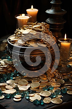 golden jug treasure filled with gold ancient coins and gems on antique wooden table