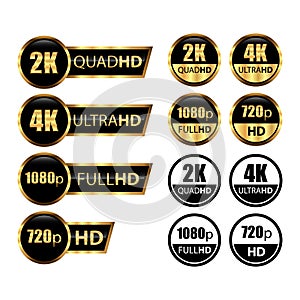 Golden 2k quad hd, 4k ultra hd, 720 hd, and 1080p full hd Video Resolution Icon Logo; High Definition TV / Game Screen monitor