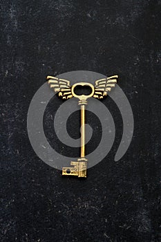 Golden Key with Angel`s wings on Black Background
