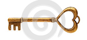 Golden key close-up, isolated on a white background, without shadow