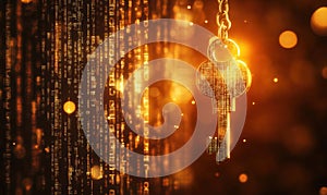 Golden key digital data background, glowing key with binary code, abstract technology concept, security and encryption