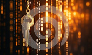 Golden key digital security concept, binary code background, symbolizing encryption and access control