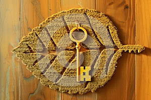 golden key on doormat in shape of a leaf