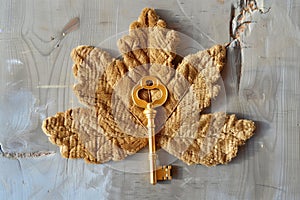 golden key on doormat in shape of a leaf