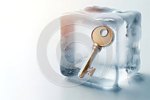 The golden key is frozen in a cube of ice. Space for text. photo