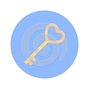 Golden Key In Heart Shape Icon On Blue Round Background Isolated