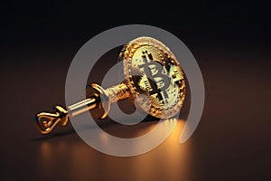 The golden key holds the power of currency symbol and Bitcoin